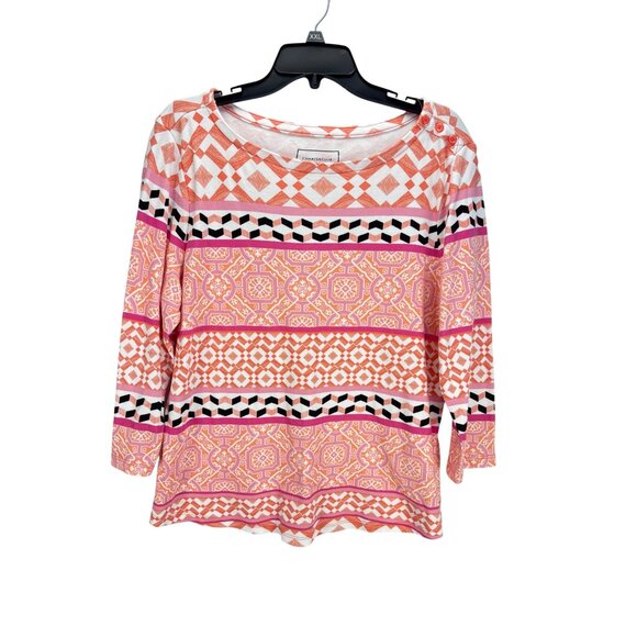 Charter Club Petite XL Printed Boho Top Pink Orange 3/4 Sleeve Cotton Blend - Picture 3 of 8